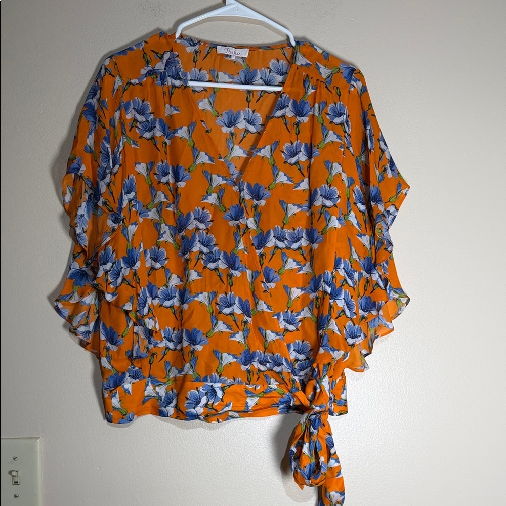 Parker Orange Floral V-Neck wrap Side-Tie Blouse